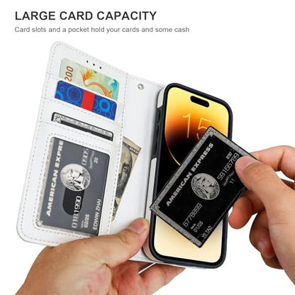 Bocasal Detachable Wallet Case Card Holder for iPhone 15 Pro, White | RFID Blocking Kickstand Card Slots Holder PU Leather Magnetic Shockproof Wrist Strap Removable Flip Protective Cover 6.1 inch - color: White