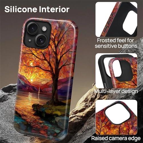Magnetic Phone Case for iPhone 13/14,Compatible with MagSafe,Durable 2 Layers Full Covered Shockproof Protective Cover-Stained Glass Sunrise Fall Leaves - color: Stained Glass Sunrise Fall Leaves, size: iPhone 13/14