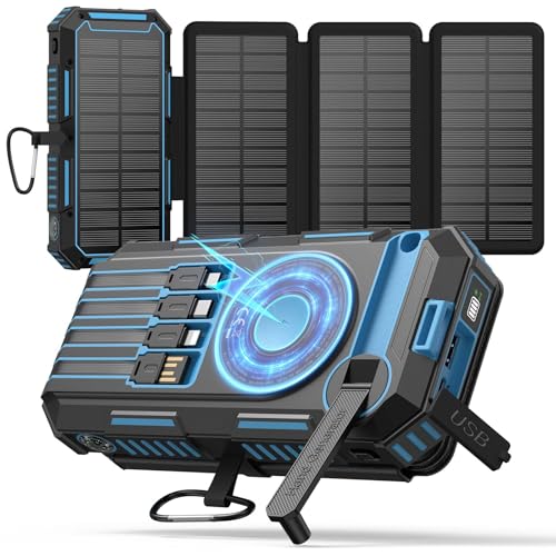 FEELLE Solar Power Bank 50000mAh Magnetic Solar Charger with Hand Crank - color: Blue+Black