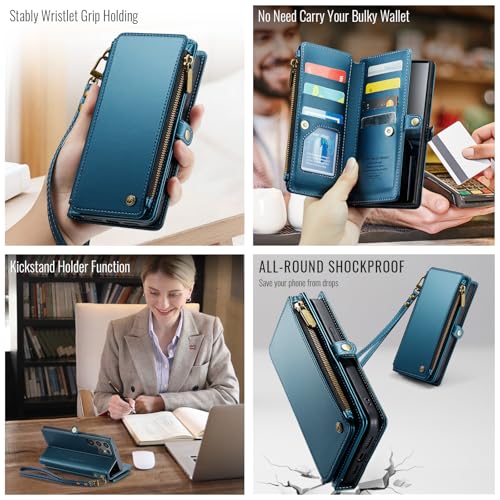 Defencase for Samsung Galaxy S22 Ultra Wallet Case with Card Holder, Blue | Durable PU Leather, with RFID Blocking Zipper Pocket, Wrist Strap, S22 Ultra Flip Phone Cases Cover with Stand for Women Men - color: Elegant Dark Blue