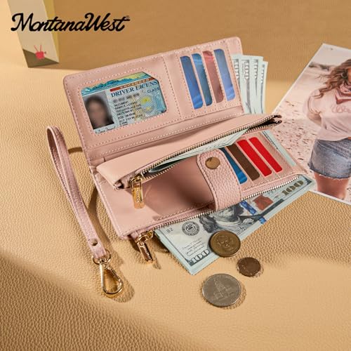 Montana West Pink Wallets for Women Bifold Wallet Wristlet Large Capacity Clutch Phone Wallets, Card Cases & Money Organizers Ladies Female Credit Card Wallet with ID Window for Valentine's Day - color: Pink