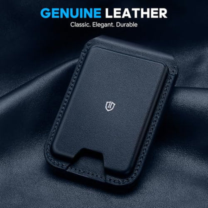 SHIELDON Genuine Leather Magnetic Wallet Stand for MagSafe, Navy Blue | Strong Magnetic, 6 Card Holders, Kickstand, Rfid Blocking, Quick-access, ID Window, for iPhone 17/16/15/14/13/12 Series - color: Navy Blue