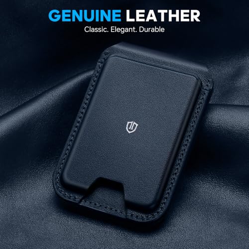 SHIELDON Genuine Leather Magnetic Wallet Stand for MagSafe, Navy Blue | Strong Magnetic, 6 Card Holders, Kickstand, Rfid Blocking, Quick-access, ID Window, for iPhone 17/16/15/14/13/12 Series - color: Navy Blue