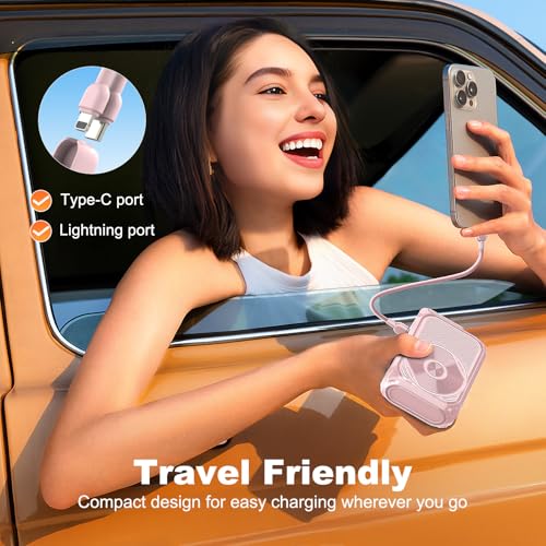 SEANCHEER P05 Portable Charger, Magnetic Power Bank, Small Wireless PowerBank, Battery Pack10000mAh Travel Essentials Fast Charging with Built in Cable, Foldable Wall Plug for iPhone,Andriod（Pink） - color: Pink