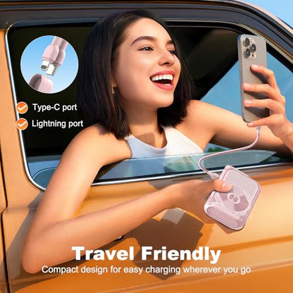 SEANCHEER P05 Portable Charger, Magnetic Power Bank, Small Wireless PowerBank, Battery Pack10000mAh Travel Essentials Fast Charging with Built in Cable, Foldable Wall Plug for iPhone,Andriod（Pink） - color: Pink