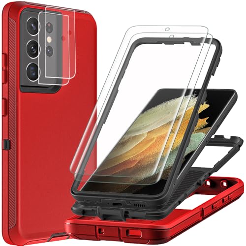 for Samsung Galaxy S21 Ultra Case with 2Pcs Self Healing Flexible TPU Screen Protector & Camera Lens Protector, 3 in 1 Heavy Duty Shockproof/Drop Proof/Dust Proof Case (Red/Black) - color: Red/Black