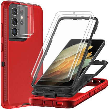 for Samsung Galaxy S21 Ultra Case with 2Pcs Self Healing Flexible TPU Screen Protector & Camera Lens Protector, 3 in 1 Heavy Duty Shockproof/Drop Proof/Dust Proof Case (Red/Black) - color: Red/Black