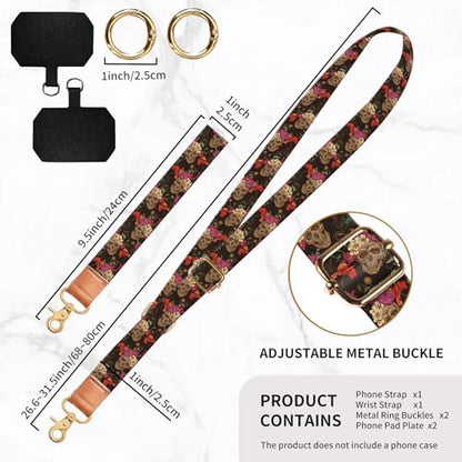 Phone Lanyard Crossbody Wrist Strap, Universal Adjustable Neck Strap for Phone Case Keys ID Badges, Travel Essential - color: Luxury Flower Skulls