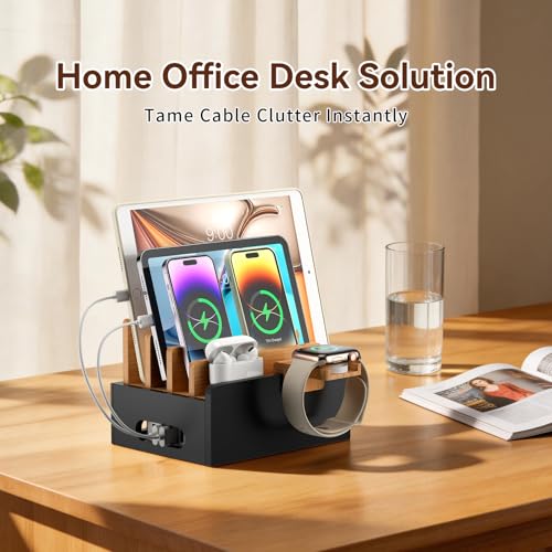 Pezin & Hulin Bamboo Charging Station with USB Charger&Cables-Natural+Black - color: Natural + Black(With Charger)