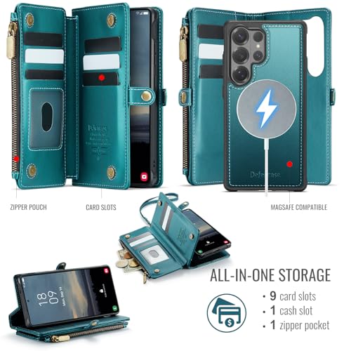 Defencase for Galaxy S26 Ultra Case Wallet Compatible with Magsafe, Green | Magnetic Detachable, RFID Bolcking Card Holder, Zipper Strap, PU Leather Drop-Proof Phone Cover for Samsung Galaxy S26 Ultra - color: (Detachable with Magsafe)-Blue Green