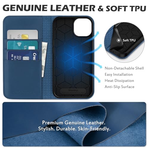 SHIELDON Genuine Leather Wallet Case for iPhone 13 6.1" 2021, Royal Blue | RFID Blocking, Credit Card Holder, Magnetic Closure, Kickstand, Folio Design, Shockproof Phone Cover - color: Royal Blue