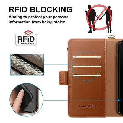 Antsturdy for iPhone 14 Pro Phone Wallet Case Women,Light Brown | RFID Blocking,with Credit Card Holder Slots,PU Leather Purse,Zipper Pocket,Wrist Strap Kickstand,Flip Folio Cover for Men - color: Light Brown