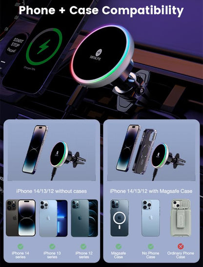 for Magsafe Car Mount Charger 15W LED RGB Car Phone Holder for Dash Vent - color: Silver
