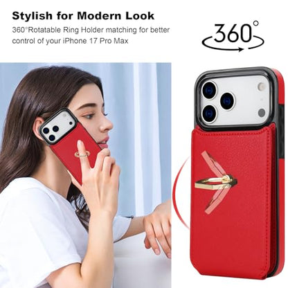 Folosu for iPhone 17 Pro Max Case Wallet,Finger Ring Holder Cover Red - color: Red