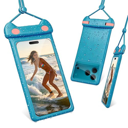 wellhouse 3D Waterproof Phone Pouch with Lanyard,Premium TPU100FT Deep Waterproof Phone Case for iPhone 17 16 15 14 13 12 Pro Max XS Samsung,Snorkeling, Surfing, Kayaking,Skiing,Hot Springs - color: 1 Pack - Kitten Blue7.0"