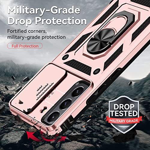 for Samsung Galaxy S22 Case with Camera Lens Cover HD Screen Protector, Dual Layer Military-Grade Drop Tested Magnetic Ring Holder Kickstand Protective Phone Case for Samsung Galaxy S22 5G (Rose Gold) - color: Rose Gold with camera cover Military-Grade 2n