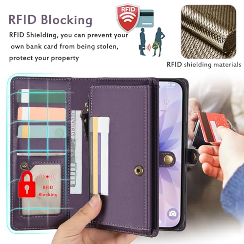for Wallet Case Compatible with iPhone 17,Multi-Function Detachable 3 in 1 Magnetic iPhone 17 Case Wallet,Flip Strap Zipper Card Holder Phone Case with Shoulder Straps (Pruple) - color: Purple, size: iPhone 17