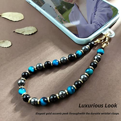 Marble Beaded Phone Wrist Strap for Women, Detachable Design - color: Blue Tiger’s Eye