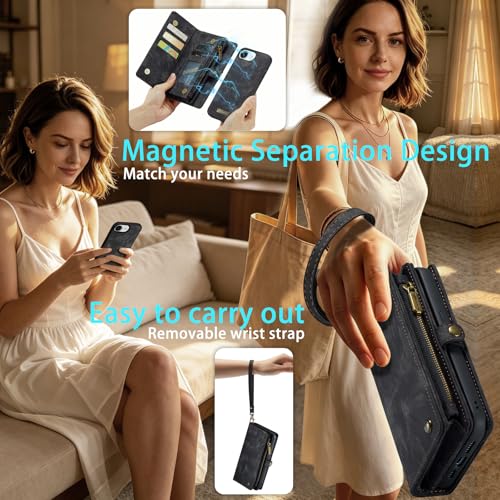 Compatible with iPhone 17E/16E Wallet Case with Magsafe,Black | Magnetic Detachable Case,Card Holder,Zipper Pocket,Strap Wristlet, Leather Drop-Proof Phone Case for iPhone 17E/16E - color: (Detachable and Magsafe)-Black, size: iPhone 16E/17E 6.1 Inch