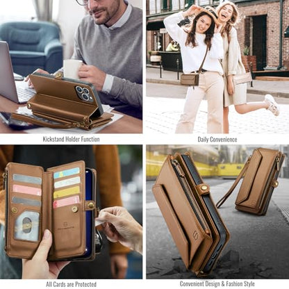 Strapurs Wallet Case Compatible with iPhone 13 Pro Max RFID Blocking 10-Card Holder Soft PU Leather Magnetic Snap Shoulder Strap Zipper Pocket Phone Case Fit for iPhone 13 Pro Max - Brown | RFID Blocking 10-Card Holder, Shoulder Lanyard, Wirst Strap, Zipp