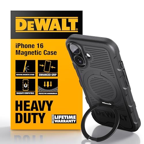 DEWALT 360° Rotatable Magnetic Ring for iPhone 16 Case, Heavy Duty Drop Protection Fit for MagSafe w/Stand & Ring Holder, Shockproof Nanobubbles for iPhone 16 Phone Case Ostand, Black - size: iPhone 16