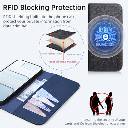 VISOUL Pebbled Leather Wallet Case for iPhone 17 Pro Max 6.9" 2025, Genuine Leather Flip Folio Cover with RFID Blocking Card Holders, Kickstand, Soft TPU Protective Flip Cover -Black+Blue - color: Black+Blue