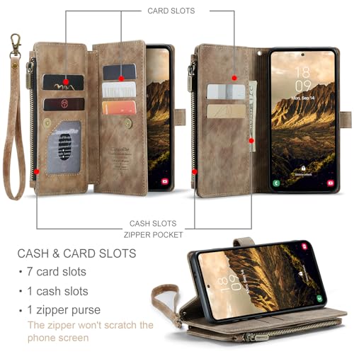 Samsung Galaxy S24 5G Wallet Case with Card Holder Kickstand Magnetic Zipper Pocket Lanyard Strap Wristlet,Leather Flip Case Wallet for Samsung Galaxy S24 5G 6.2 Inch(Brown) - color: Brown, size: S24 5G 6.2 Inch