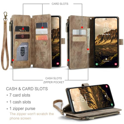 Samsung Galaxy S24 5G Wallet Case with Card Holder Kickstand Magnetic Zipper Pocket Lanyard Strap Wristlet,Leather Flip Case Wallet for Samsung Galaxy S24 5G 6.2 Inch(Brown) - color: Brown, size: S24 5G 6.2 Inch