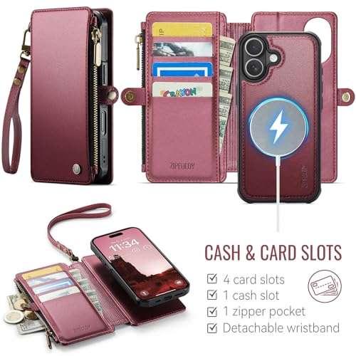 for iPhone 16 - Phone Case Wallet Magnetic Detachable, Burgundy - color: Burgundy, size: iPhone 16