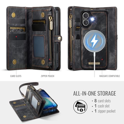 Compatible with iPhone 17 Wallet Case with Magsafe,Black | Magnetic Detachable Case,Card Holder,Zipper Pocket,Strap Wristlet, Soft Leather Drop-Proof Phone Case for iPhone 17 6.3" - color: (Detachable and Magsafe)-Black, size: iPhone 17 6.3 Inch