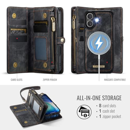 Compatible with iPhone 17 Wallet Case with Magsafe,Black | Magnetic Detachable Case,Card Holder,Zipper Pocket,Strap Wristlet, Soft Leather Drop-Proof Phone Case for iPhone 17 6.3" - color: (Detachable and Magsafe)-Black, size: iPhone 17 6.3 Inch