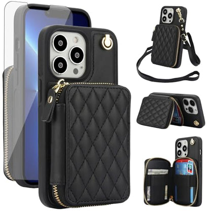 Phone Case for iPhone 14 Pro 6.1 inch Wallet Cell Cover with Tempered Glass Screen Protector Wrist Crossbody Strap RFID Blocking Card Holder iPhone14Pro 5G i i-Phone i14 iPhone14 4 14Pro Women Black - color: Black