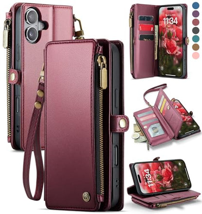 Defencase for iPhone 17 Wallet Case with RFID Blocking Card Holder, WineRed | Durable Soft PU Leather, with Zipper Pocket, Wrist Strap, Fashion Snap Flip Phone Cases Cover with Stand for Women and Men - color: Wine Red