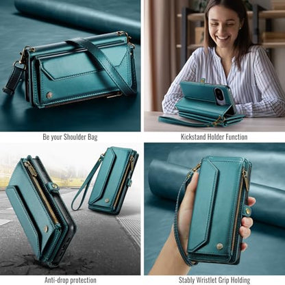 for Google Pixel 10a 6.3" Case, Women Men Multi-Function Wallet Case with Stand RFID Blocking Includes Shoulder Strap Wrist Strap Google Pixel 10a (Green) - color: Green