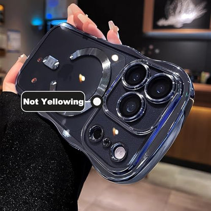 Magnetic for iPhone 17 Pro Max Case Clear Supports Wireless Charging Anti Yellow Wave Frame 17 Pro Max Case with Camera Len Protector Luxury Plating Soft TPU Shockproof Phone Cover 6.9", Titanium Blue - color: Blue