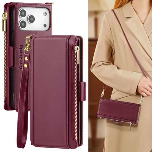 Antsturdy Crossbody Phone Wallet Case for iPhone 17 Pro Max,Wine Red | RFID Blocking,PU Leather Flip Cover,Kickstand,with Credit Card Holder,Wrist Strap Lanyard & Handbag Purse,for Women & Men - color: (Crossbody)-Wine Red