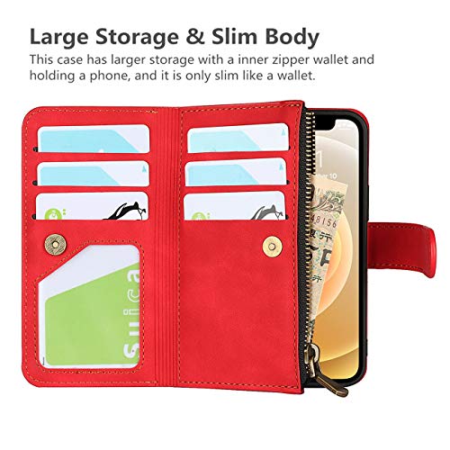 iCoverCase for iPhone 12 Mini Wallet Case with Card Holder and Wrist Strap, PU Leather Kickstand Card Slots Zipper Pocket Magnetic [Detachable] Flip Cover Case 5.4 Inch (Red) - color: Red