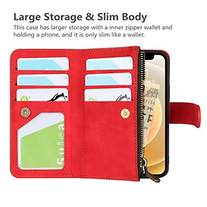 iCoverCase for iPhone 12 Mini Wallet Case with Card Holder and Wrist Strap, PU Leather Kickstand Card Slots Zipper Pocket Magnetic [Detachable] Flip Cover Case 5.4 Inch (Red) - color: Red