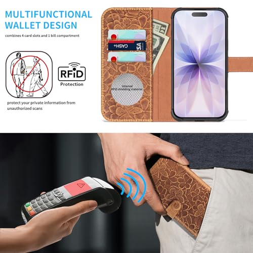 Genuine Leather Wallet Case for iPhone 17, Brown | 2-in-1 Magnetic Detachable, Flip Folio Cover, Card Slots, RFID Blocking, Shockproof Protection - color: Brown, size: 17 6.3‘’