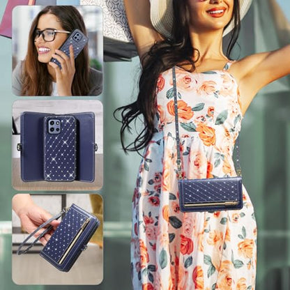 Phone Case for Motorola Moto G 5G 2025 Zipper Wallet Detachable Magnetic Cell Cover with Crossbody Lanyard Strap Bling Glitter Flip Credit Card Holder Slots G5G 5 G G5 Women Men Girls Dark Blue - color: Dark Blue