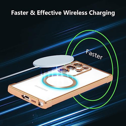 RALEAVO Magnetic Case for Samsung Galaxy S22 Ultra Clear Case Cover [Compatible with Magsafe & Military Grade Drop Protection] Transparent Shockproof Slim Plated Phone Case - Gold - color: Gold, size: S22 Ultra