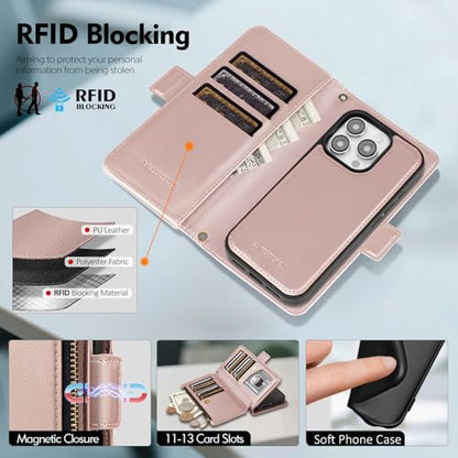 Antsturdy Compatible with MagSafe iPhone 14 Pro Wallet Case,Rose Gold | Detachable Magnetic Credit Card Holder,RFID Blocking,PU Leather Zipper Purse,Wrist Strap Kickstand,Flip Phone Cover for Women - color: (Detachable with Magsafe)-Rose Gold