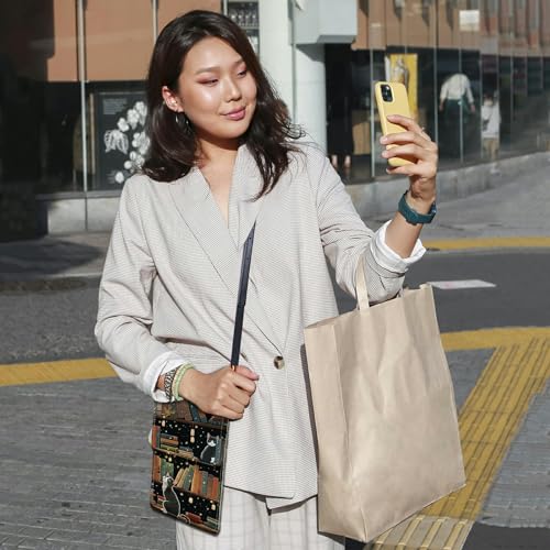 Small Crossbody Bags with Adjustable Shoulder Strap - color: Cute Cat Bookshelf