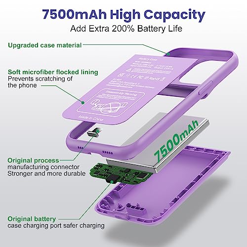 Battery Case for iPhone 13/13Pro/14,7500mah Ultra-Slim Protective Charging Case,Portable Rechargeable Expandable Battery Charger Cover Compatible with iPhone 13/13Pro/14 (6.1 Inch)-Purple - color: Purple