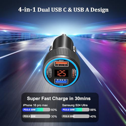 USB C Car Charger 3 Pack, 65W 4 Port Car Phone Charger Adapter Voltmeter - color: Black, size: 3-Pack