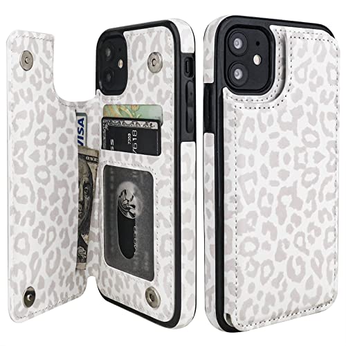 HAOPINSH for iPhone 11 Wallet Case with Card Holder, White Leopard Cheetah Pattern Back Flip Folio PU Leather Kickstand Card Slots Case for Women Girls, Double Magnetic Clasp Shockproof Cover 6.1" - color: White Leopard