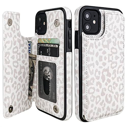 HAOPINSH for iPhone 11 Wallet Case with Card Holder, White Leopard Cheetah Pattern Back Flip Folio PU Leather Kickstand Card Slots Case for Women Girls, Double Magnetic Clasp Shockproof Cover 6.1" - color: White Leopard