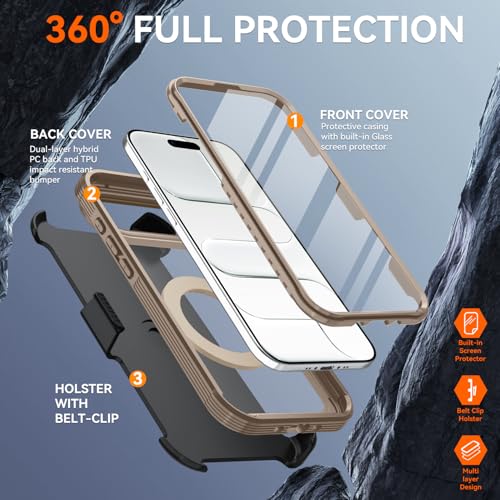 Magnetic for iPhone Air Case, Compatible with MagSafe, Full Body Rugged Case with Built-in Screen Protector & Kickstand & Belt-Clip (Gold) - color: Gold