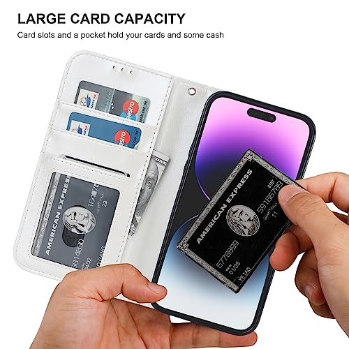 Bocasal Detachable Wallet Case Card Holder for iPhone 14 Pro Max White | RFID Blocking Kickstand Card Slots Holder PU Leather Magnetic Shockproof Wrist Strap Removable Flip Protective Cover 6.7 inch - color: White