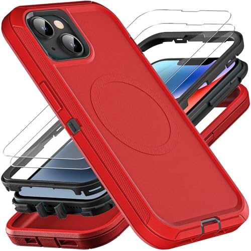 YKHJKLEC for iPhone 13/iPhone 14 Case, Compatible with Magsafe, 3 in 1 Heavy Duty Shockproof/Drop Proof/Dust Proof Case with 2Pcs Tempered Glass Screen Protector (New-Red/Black) - color: New-Red/Black